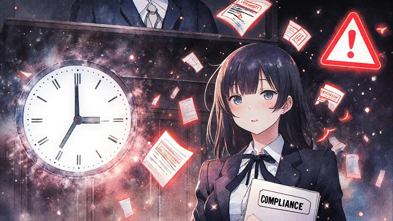 A female CEO in a courtroom surrounded by glowing warning symbols of non-compliance as a clock ticks toward 2026.