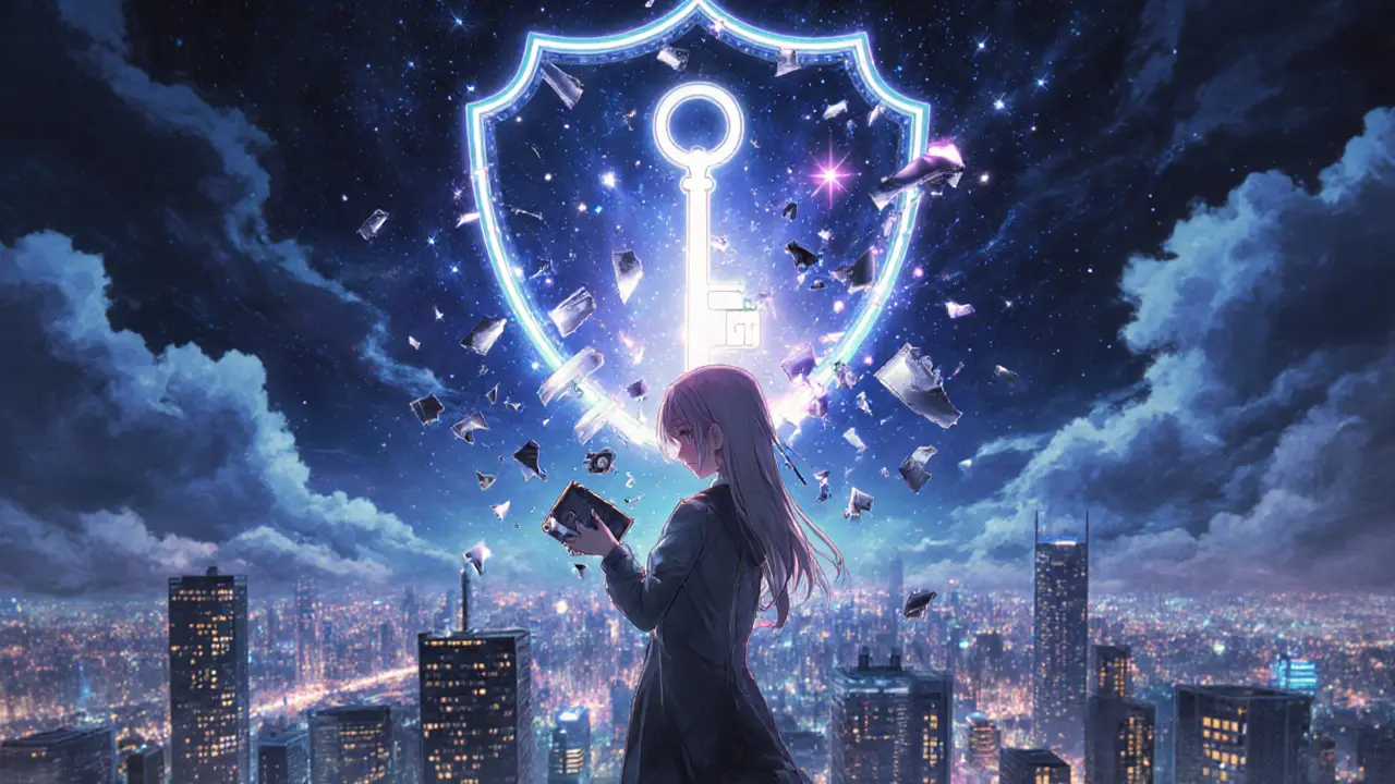A figure on a skyscraper holding a broken key as a glowing MultiSig shield rises behind them.
