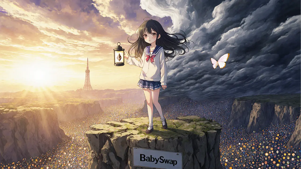 A figure stands on a cliff holding a BABY token lantern as fading tokens vanish below into darkness.