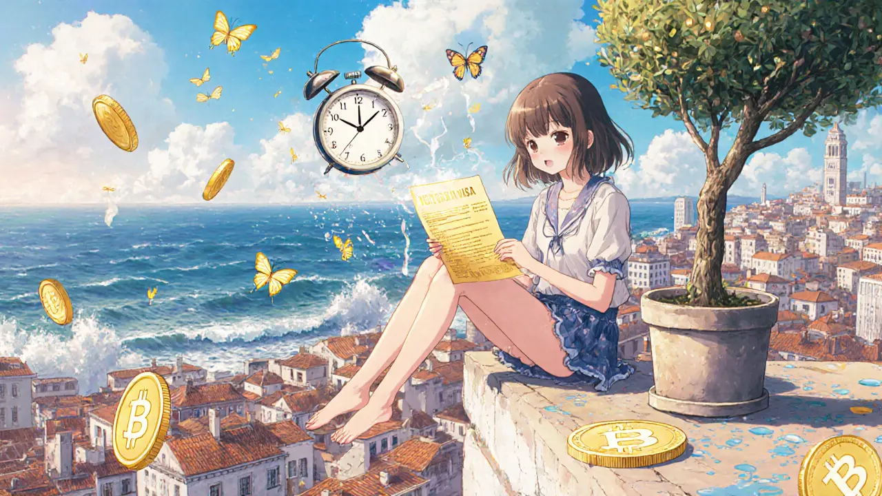 A girl on a Lisbon rooftop with crypto coins turning into butterflies, a golden visa in her lap as the city glows below.