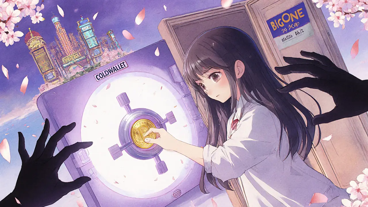 A girl places a coin in a secure vault as shadowy hands reach for it, behind her lies a trading city.