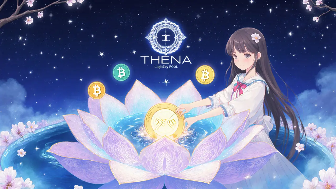 A girl placing a THE token into a lotus-shaped liquidity pool under a starry sky, surrounded by crypto asset icons.