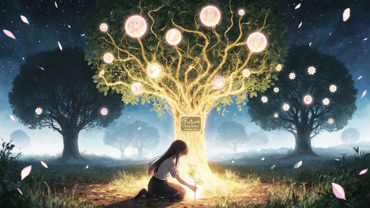 A girl planting a seed on a barren blockchain tree while other DeFi trees bloom nearby in a magical garden.