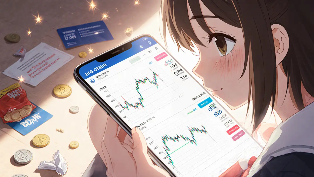 A girl reflects on a BigONE trading screen, tearful eyes glowing with crypto charts and floating tokens.