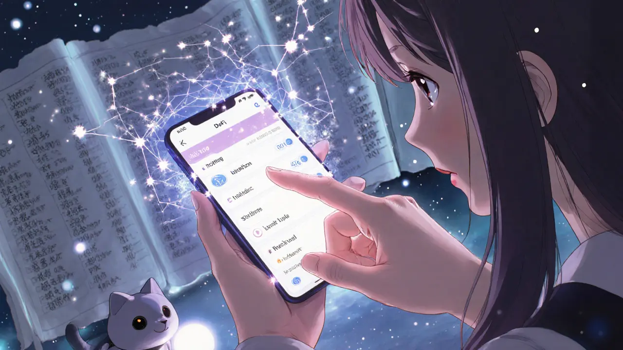 A girl’s hand interacting with a magical DeFi dashboard showing swaps, lending, and staking as glowing constellations.