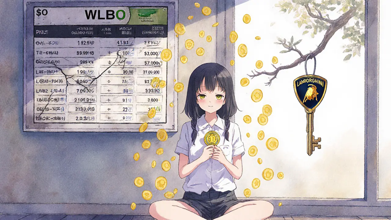 A girl sits alone with a WLBO token as golden rewards fall around her, while the exchange shows <h2>How to Get WLBO Tokens</h2>.