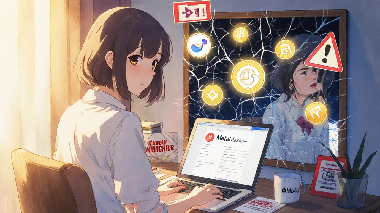 A girl surrounded by legitimate crypto platforms, with scam reflections in a cracked mirror.