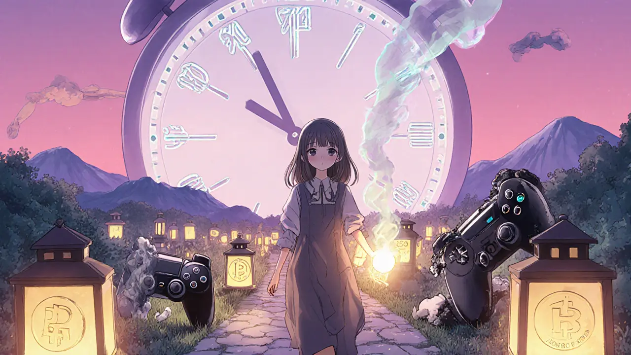 A girl walks a path of glowing token lanterns, leaving fake RVLVR scams behind, carrying a protective NFT under a twilight sky.