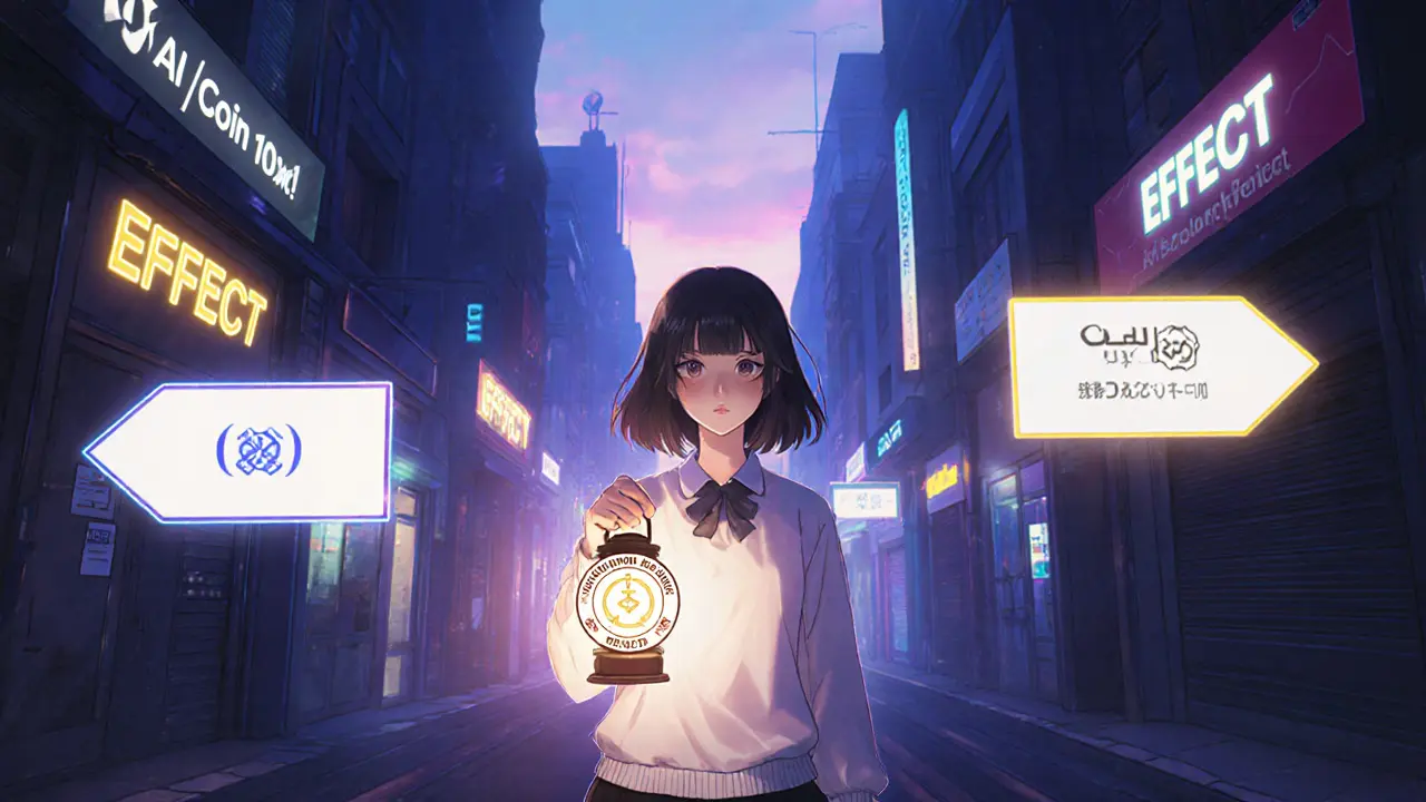 A girl walks through a cybercity, guided by a lantern of verification past empty scam storefronts.