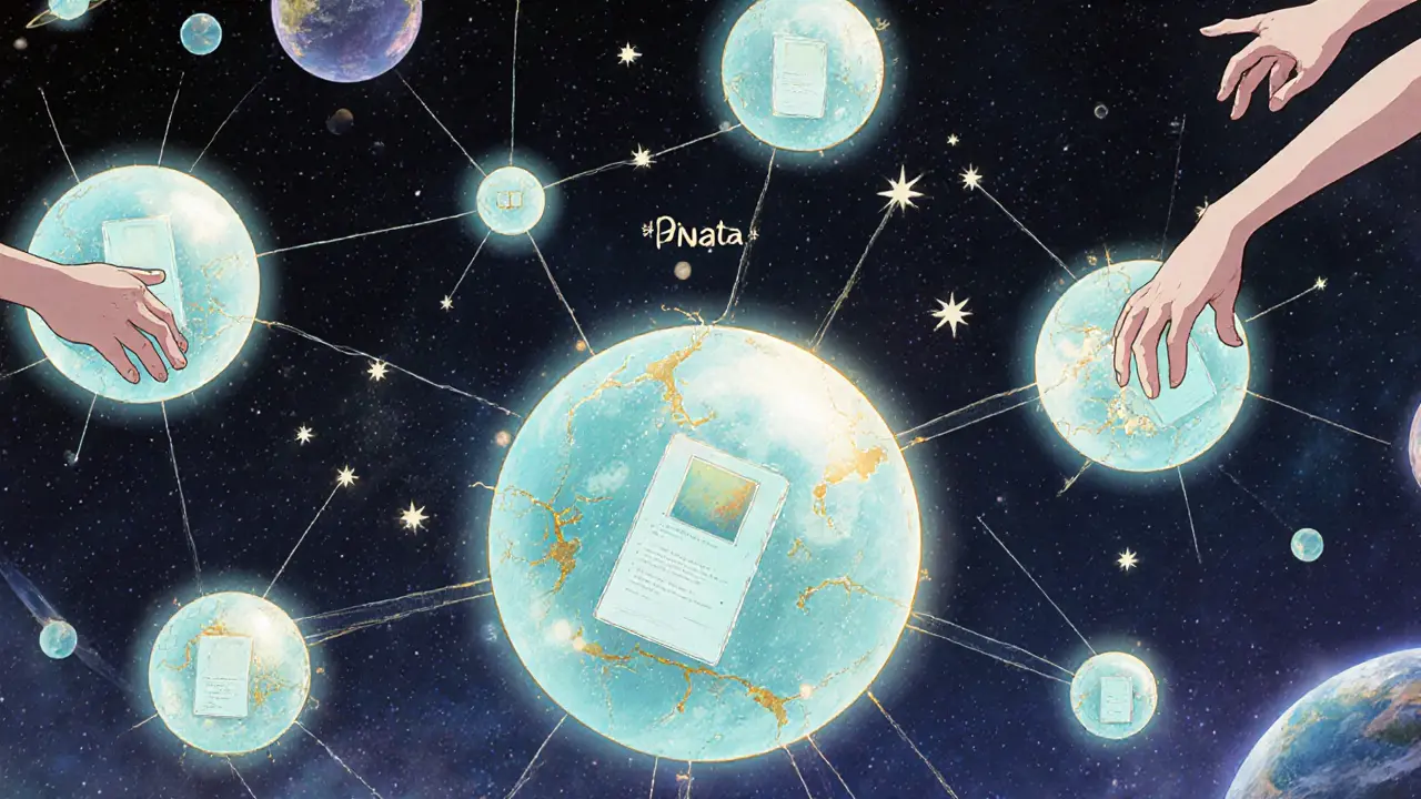 A glowing network of floating orbs connects across space, one dimming as others reach to save it.