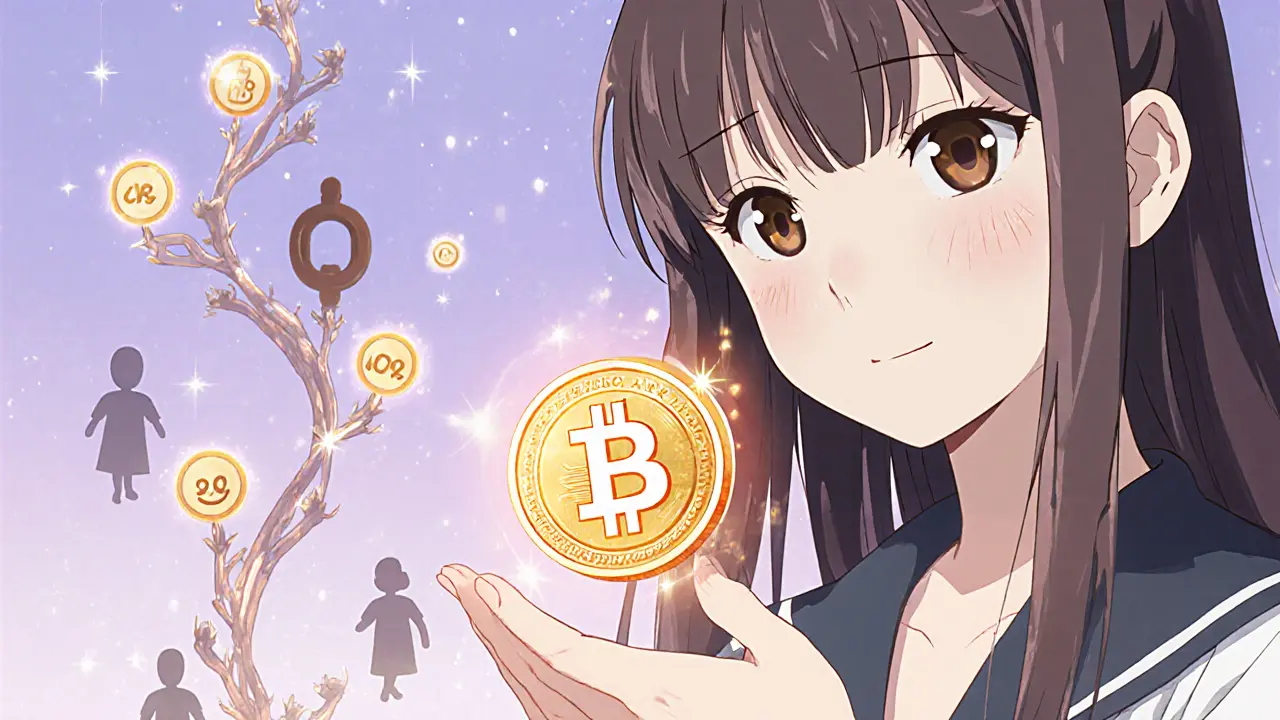 A glowing WLBO token releases 4% rewards and 2% burn symbols in a delicate blockchain vine.