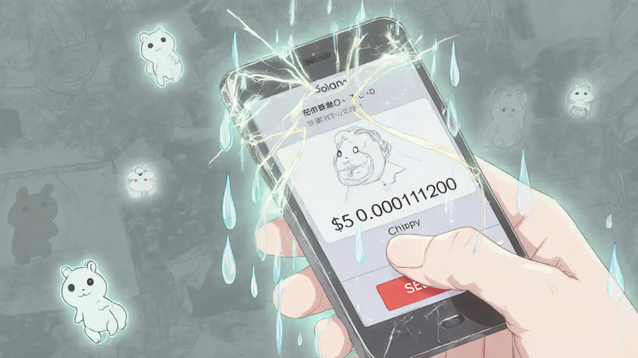 A hand holding a phone showing a near-zero CHIPPY token price, tears falling onto the screen.