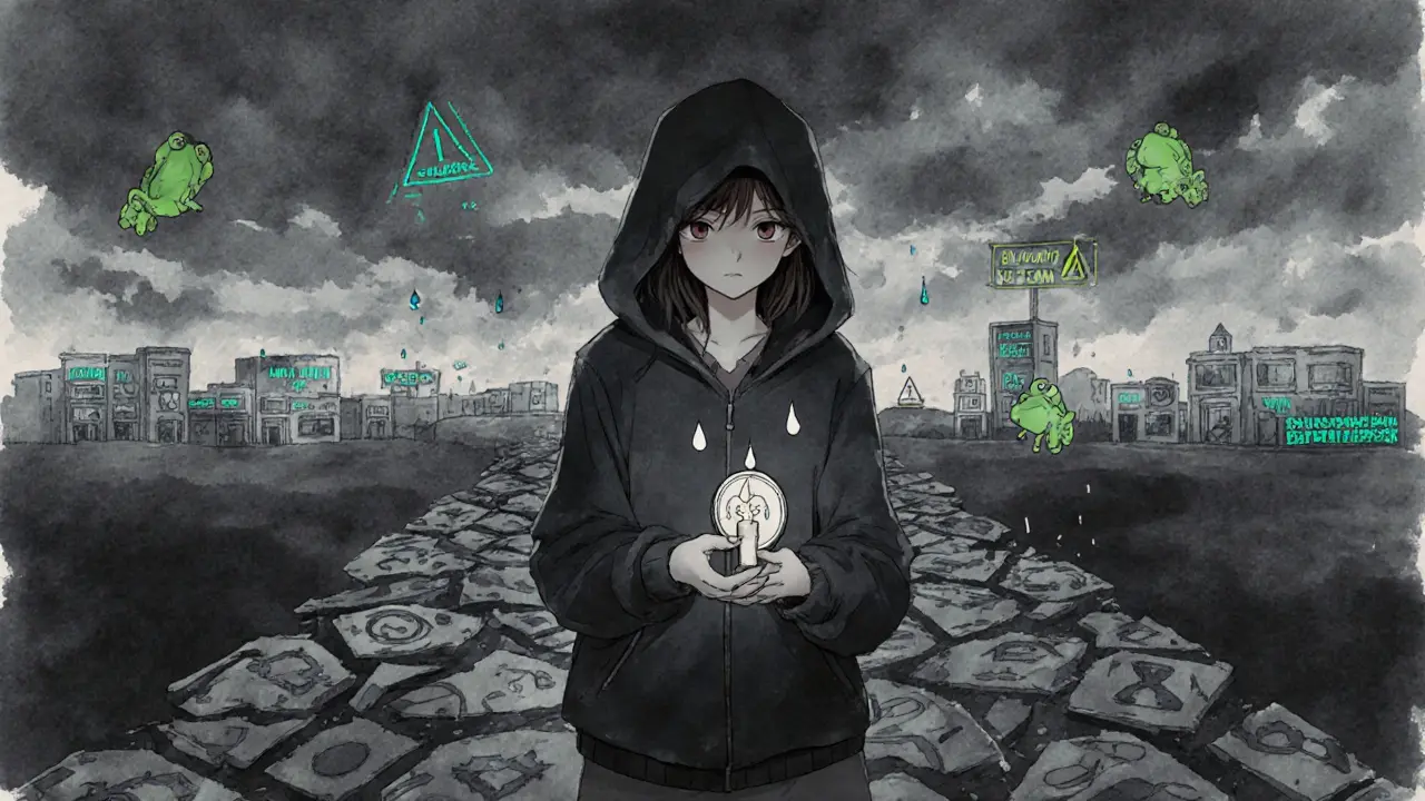 A lone figure on a crumbling crypto bridge, holding a flickering PECH token under stormy skies.