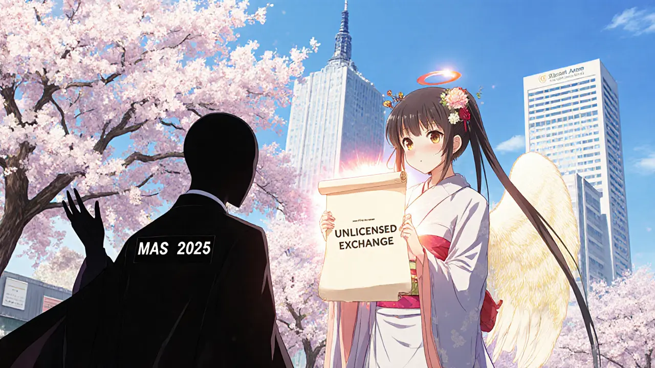 A shadowy unlicensed exchange being banished by a MAS guardian angel as licensed exchanges bloom like sakura trees.