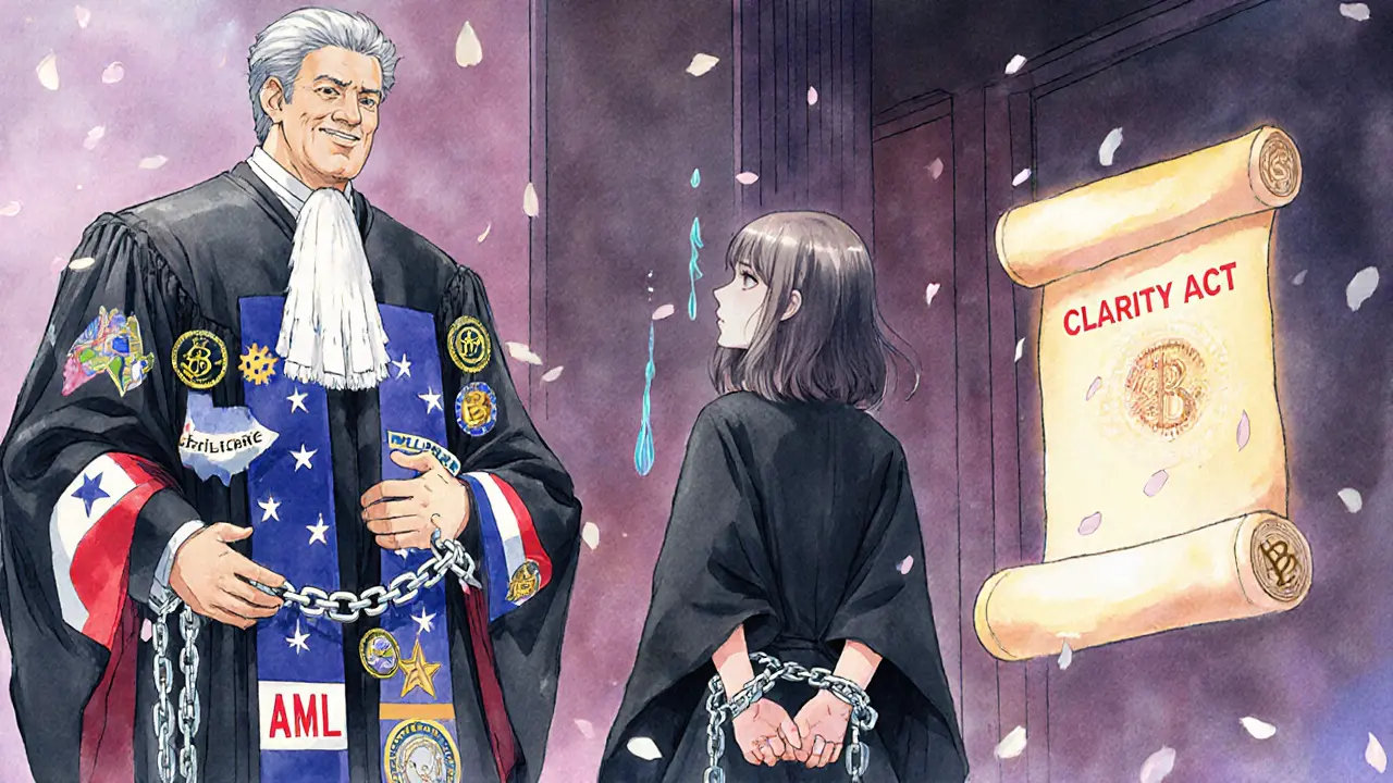A small crypto founder bound by regulatory chains in a courtroom, with a hopeful legal scroll in the distance.