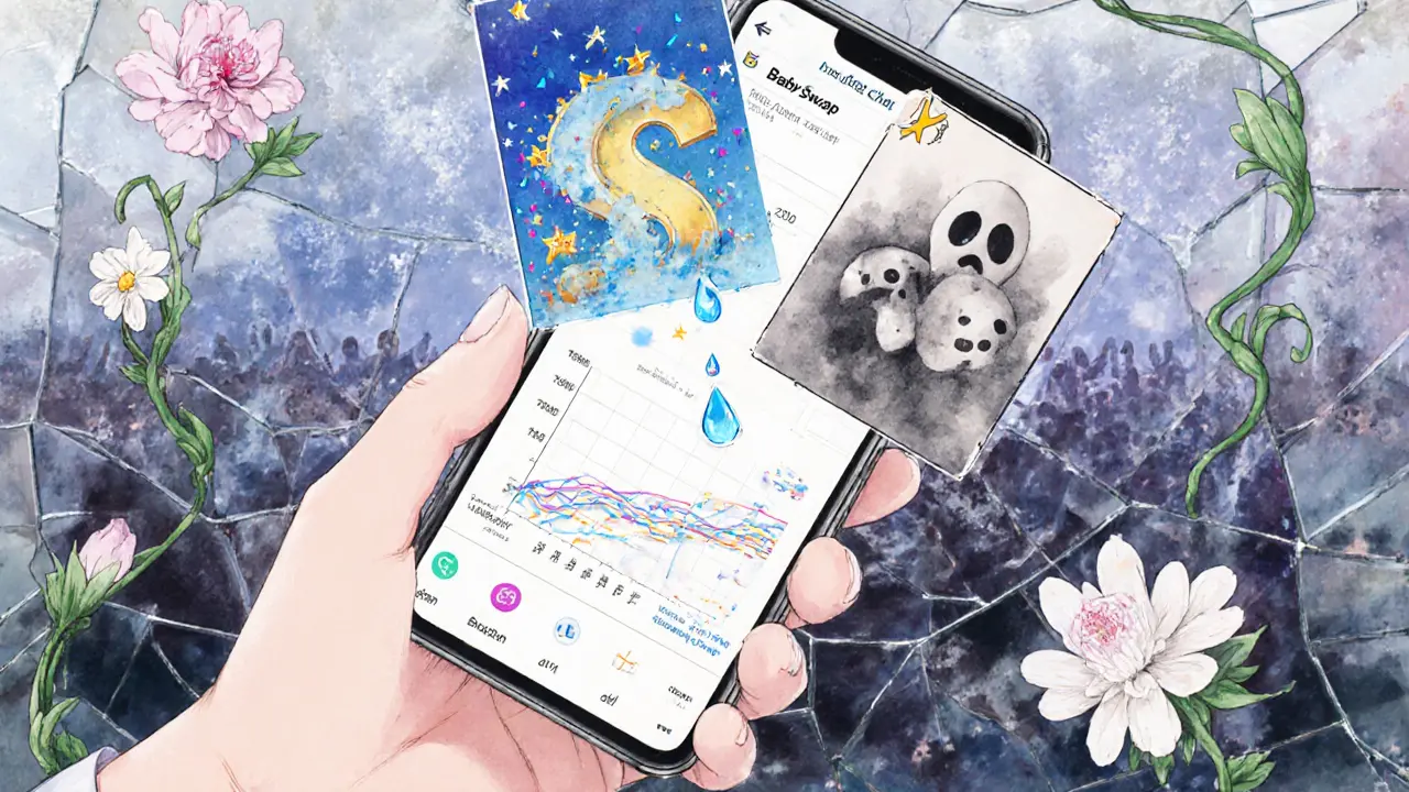 A tear falls on a phone screen showing contrasting images of crypto gains and losses on BabySwap.