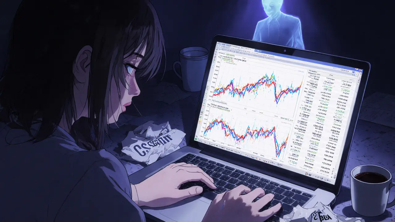 A teen staring at chaotic WEBSIM price graphs in a dim room, ghostly CSS God fading behind.