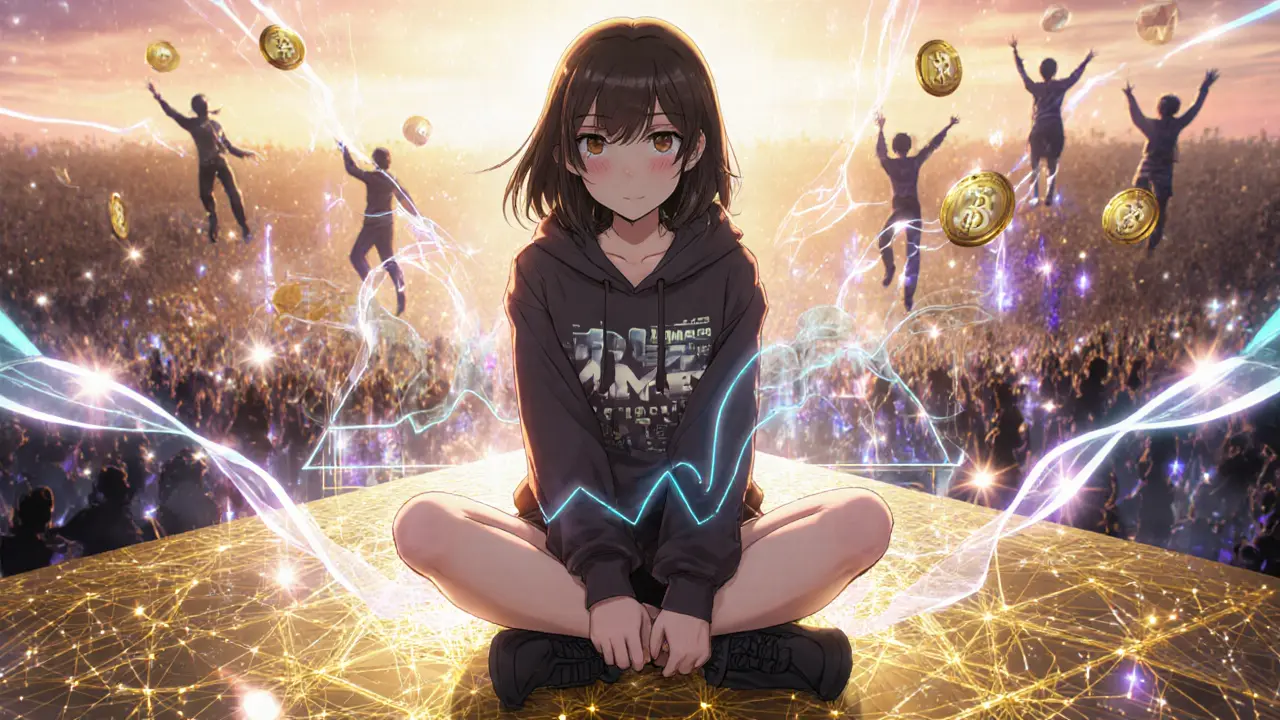 A teen trader on a glowing platform overseeing leveraged trades and a competitive ARENA tournament with THE token rewards.