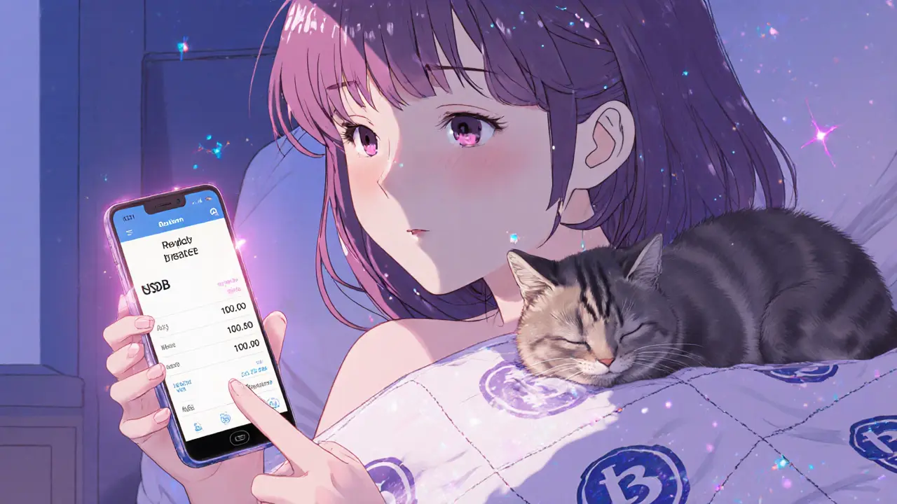 A teen watches her USDB balance rise on her phone while her cat sleeps beside her.