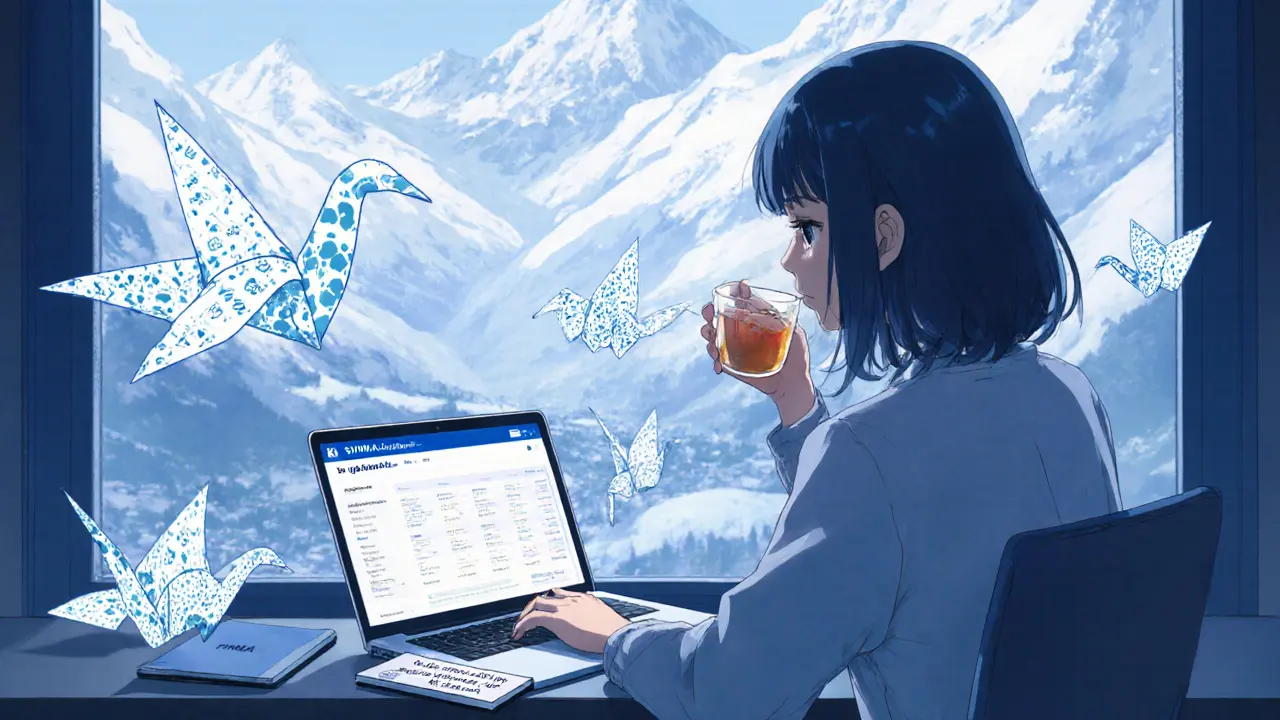 A trader in Switzerland by a window, calm and thoughtful, with blockchain cranes floating nearby and FINMA symbols on her screen.