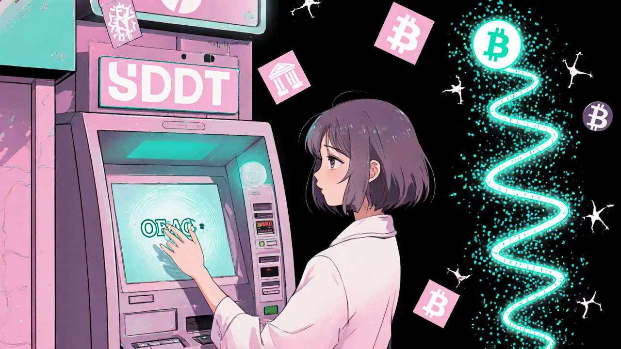 A trader using a crypto ATM in a neon alley as frozen wallets and OFAC bans dissolve into pixels.