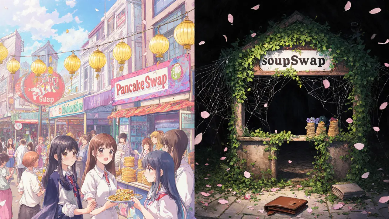 A vibrant DeFi marketplace contrasts with a ruined SoupSwap booth covered in vines and silence.