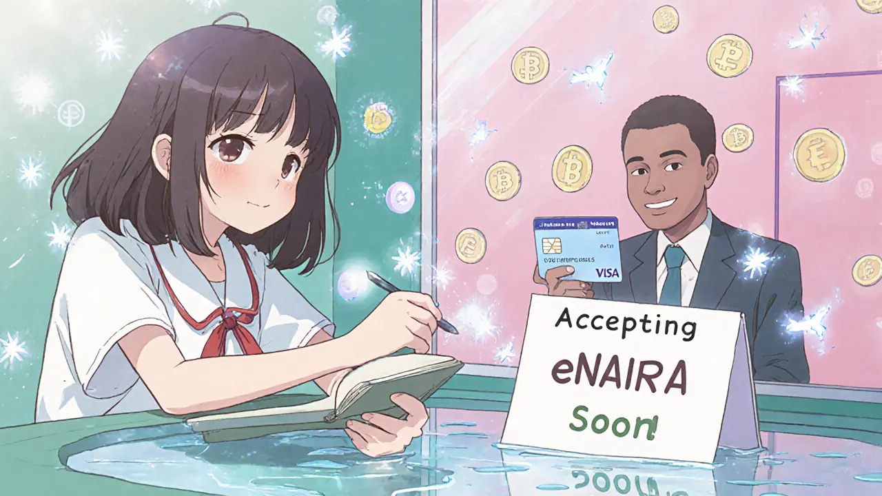 A young entrepreneur dreams of using eNaira, with crypto icons turning into glowing digital coins.