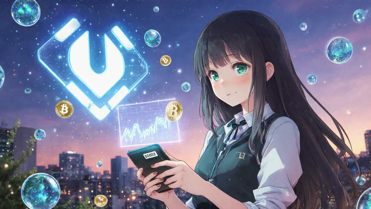A young trader on a rooftop watching a calm holographic chart with a tiny <h2>What You Can’t Do Yet (And Why It’s Not a Dealbreaker)</h2>.0015 fee tag, Unichain logo glowing softly.