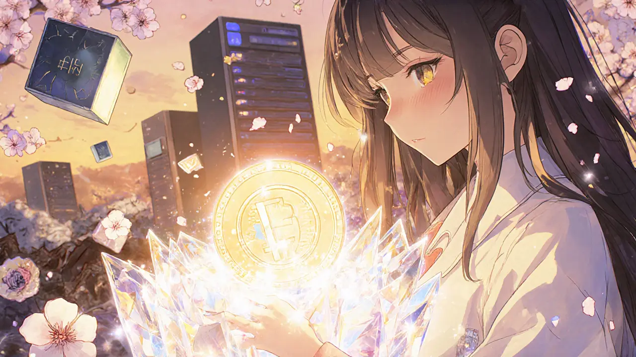 An artist places a token into a glowing blockchain core as crumbling servers fade into ash.