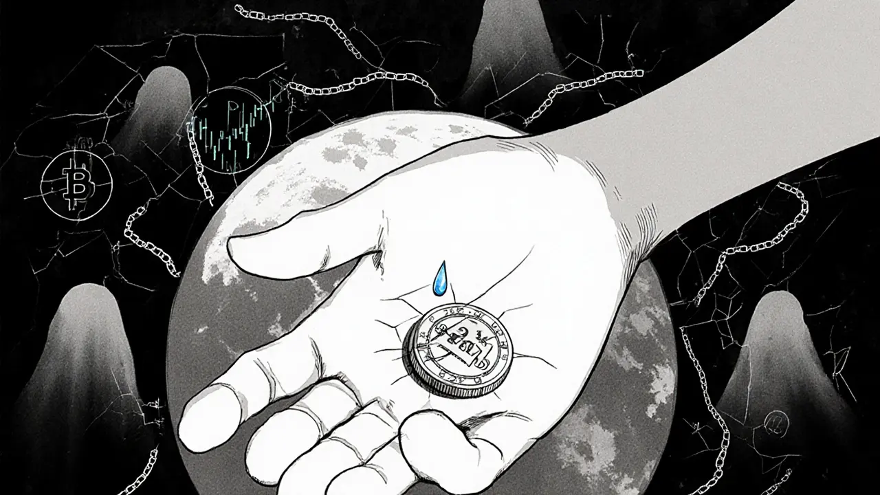 An investor holding a cracking BIRB token as empty charts and fading tokens surround them in darkness.