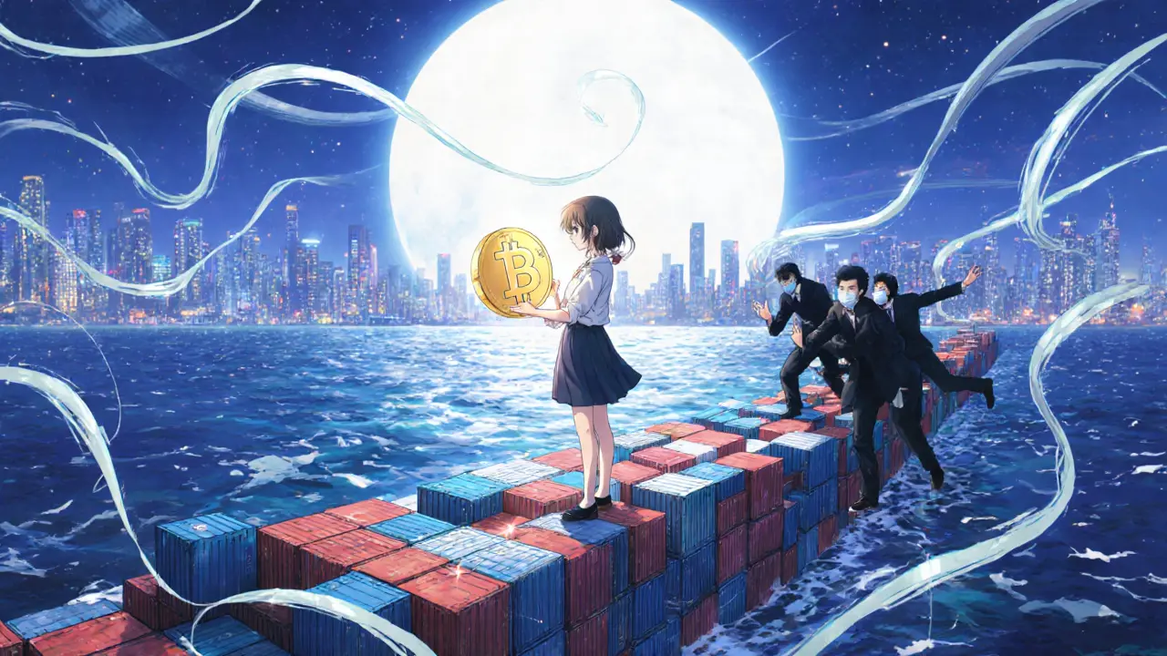 An investor holds a glowing token on a blockchain bridge while shadowy scammers reach from behind.