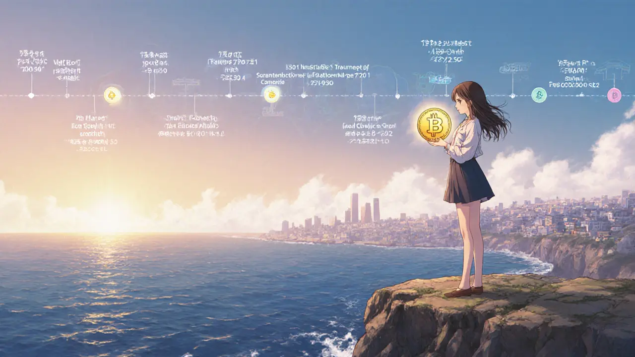 An investor stands on a cliff at dawn, holding a Bitcoin coin with a one-year holding period glowing brightly.