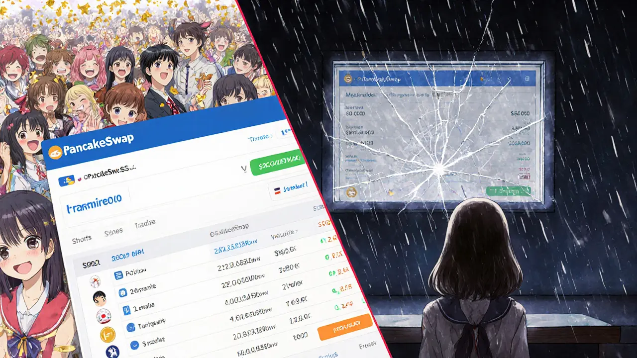 Contrasting scenes: a lively BSC trading crowd vs. a lonely girl with a <h2>Security and Audits: What We Know</h2>.00 screen in a quiet room.