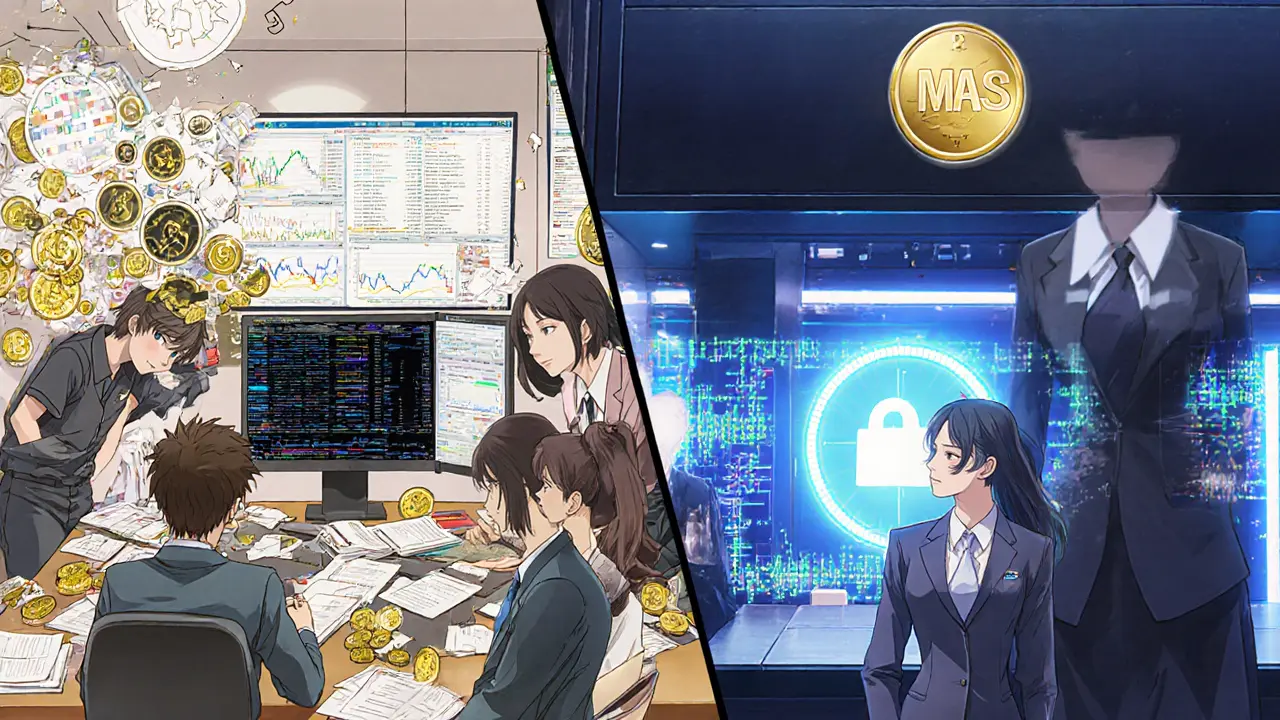 Contrasting scenes: chaotic small crypto team vs. professional exchange with compliance officers and security systems.