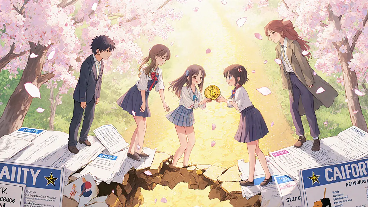 Crypto founders crossing a crumbling bridge of state licenses toward a golden path labeled CLARITY Act.