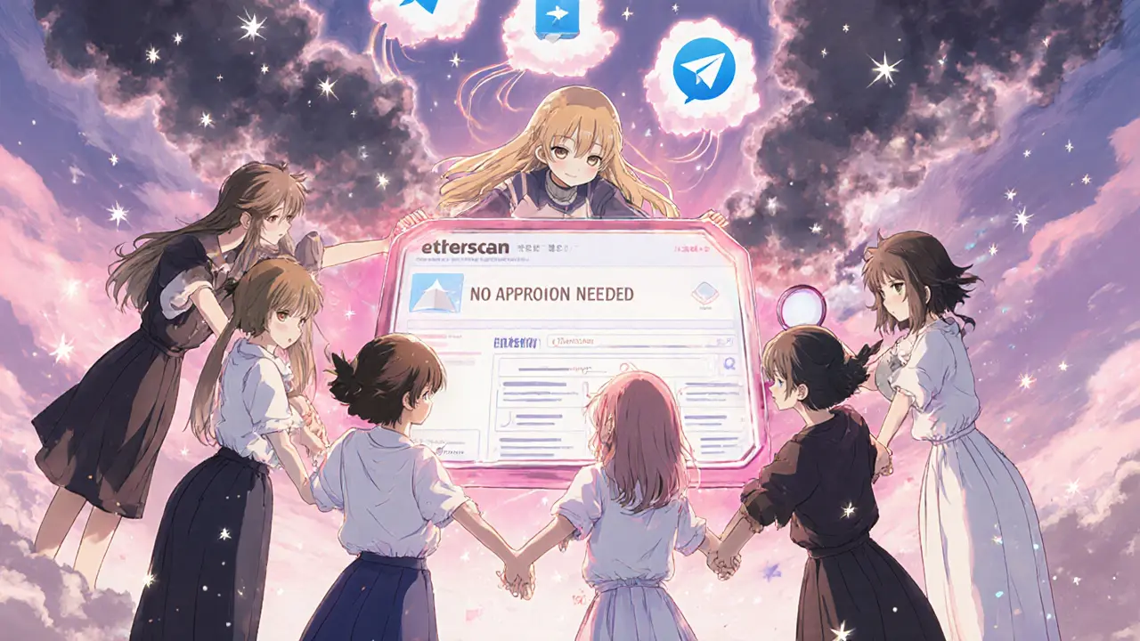 Friends protecting a secure wallet as scam clouds dissolve into ash.