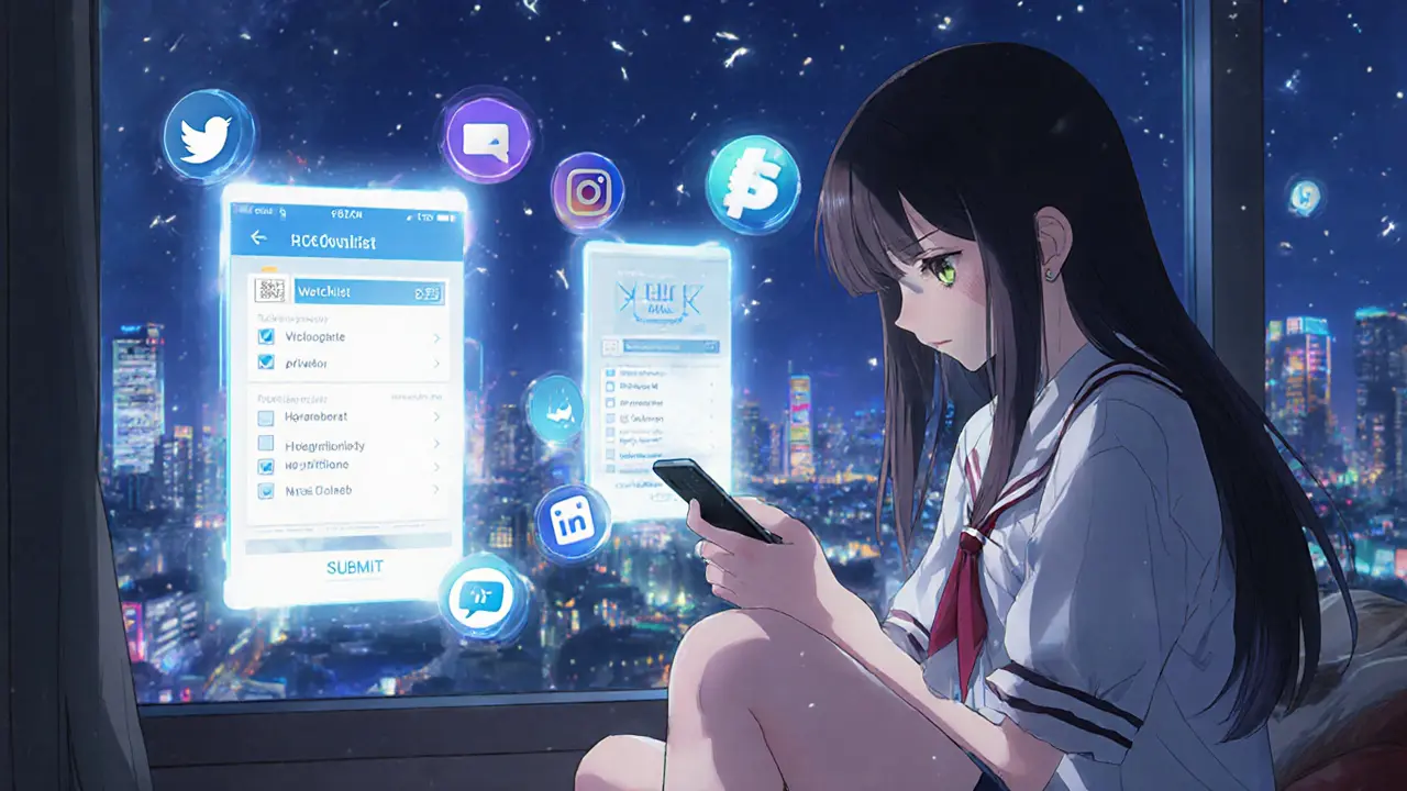 Girl submitting her wallet address on RICE Wallet app as digital steps glow around her in a cozy bedroom.