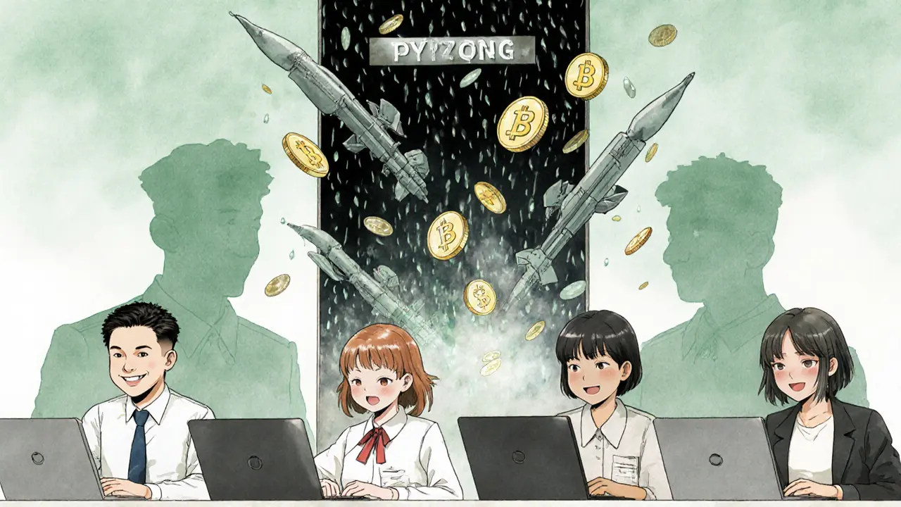 Remote workers&#039; shadows transform into soldiers as stablecoins drain into a dark portal.