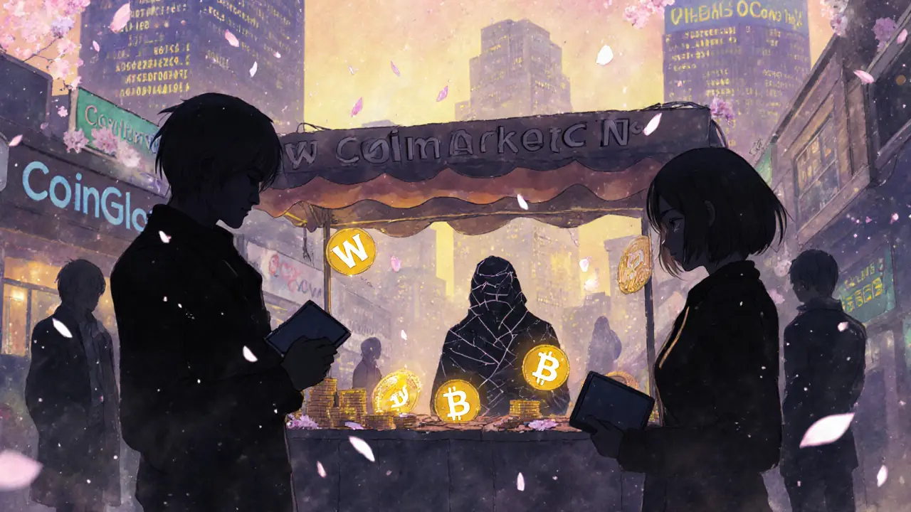 Shadowy traders exchanging WEBSIM tokens at a stall made of broken code in a hazy marketplace.
