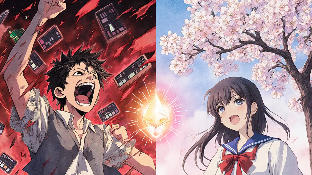 Split scene: chaotic Ethereum fees vs peaceful Unichain swaps, cherry blossoms blooming from the Unichain logo.