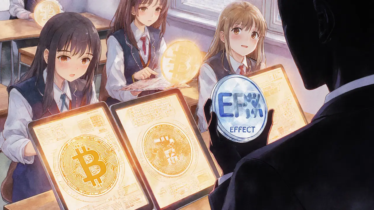 Students study real AI crypto tokens with blueprints, while a blank fake coin casts no reflection.
