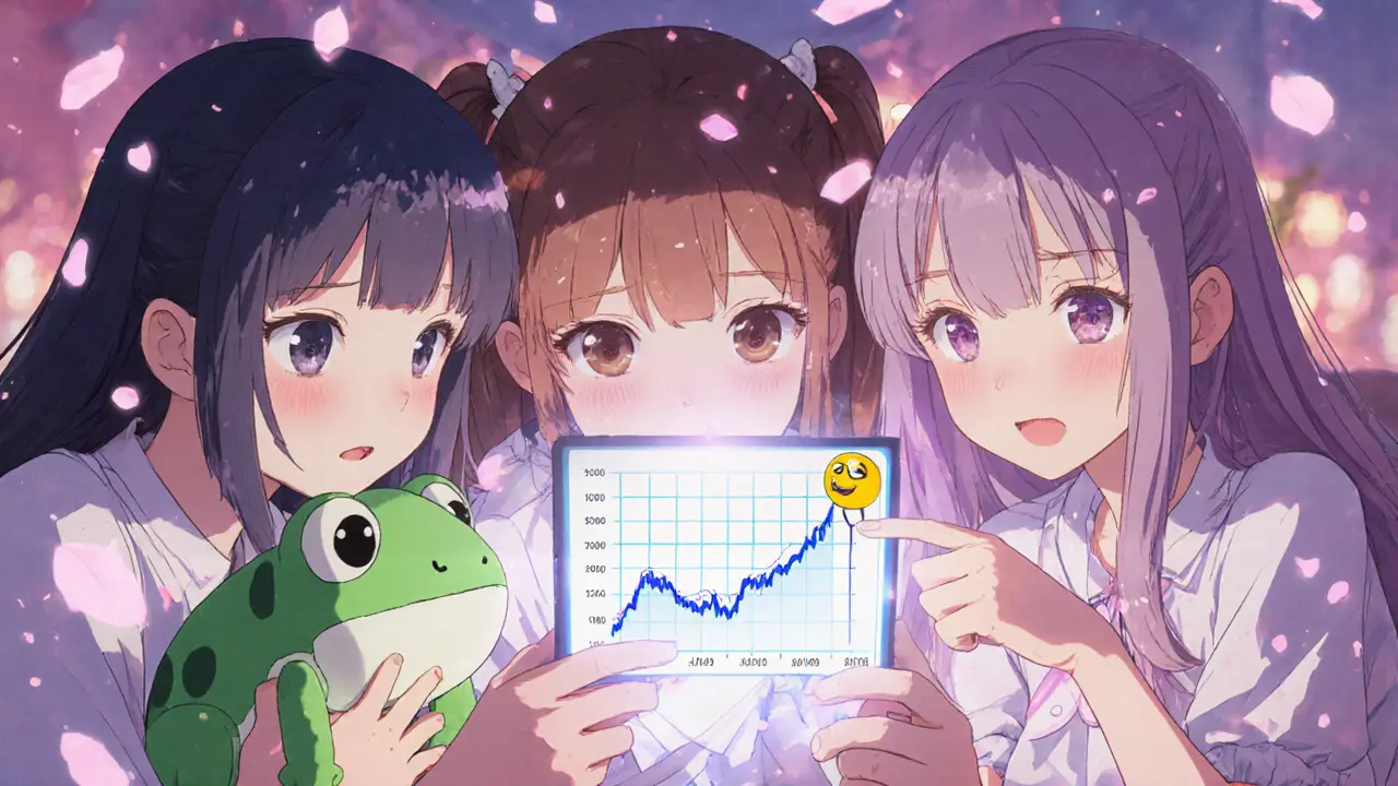 Teens excitedly watching a PECH price chart glow on a smartphone in a fairy-lit room.