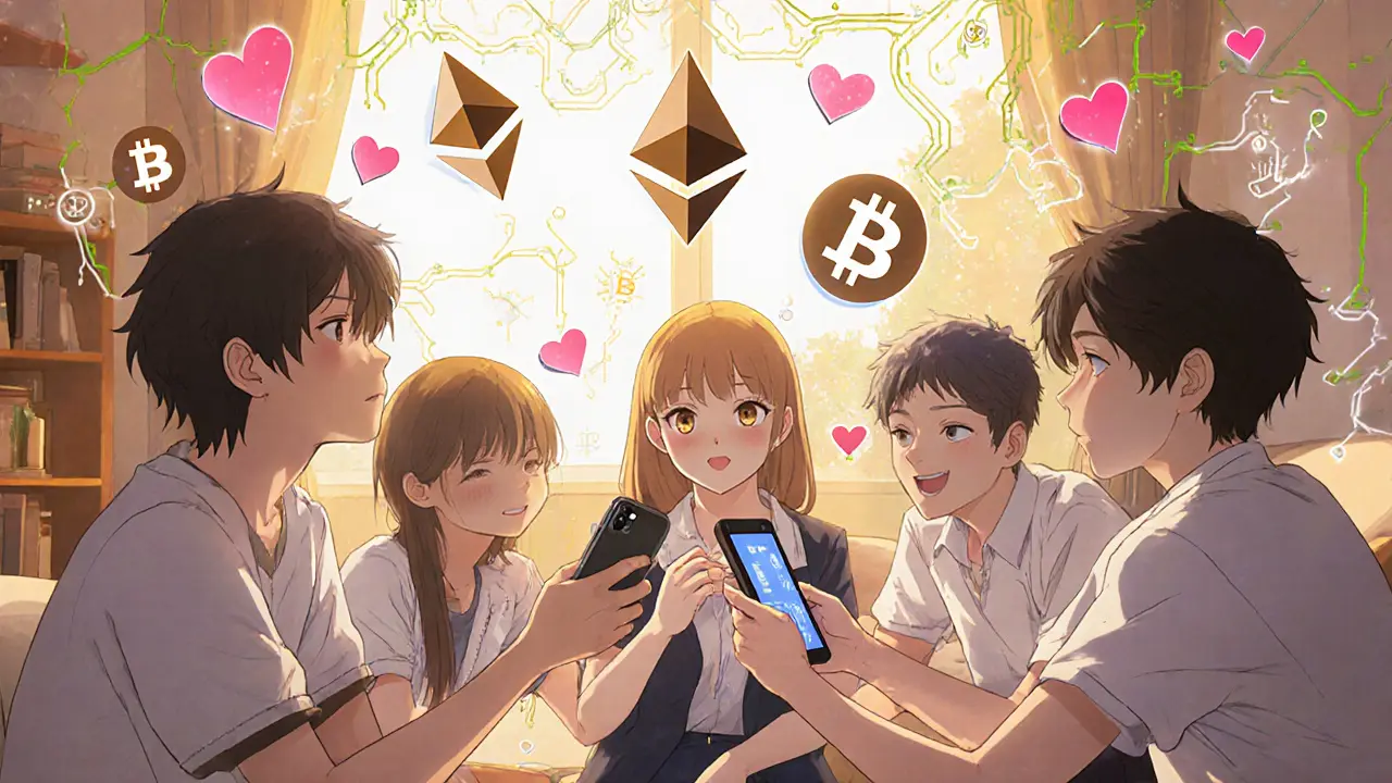 Teens in a sunlit room holding hardware wallets, digital signatures sparkling above their joined hands.