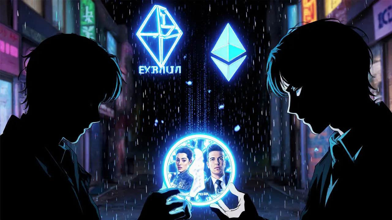 Three figures exchange a glowing A7A5 token in a neon alley, holographic blockchains pulsing above them at night.