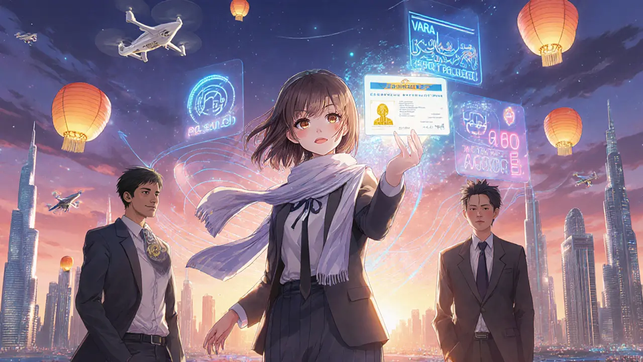 Traders in Dubai with a glowing VARA license, holographic tax charts, and neon digital waves under a sunset skyline.