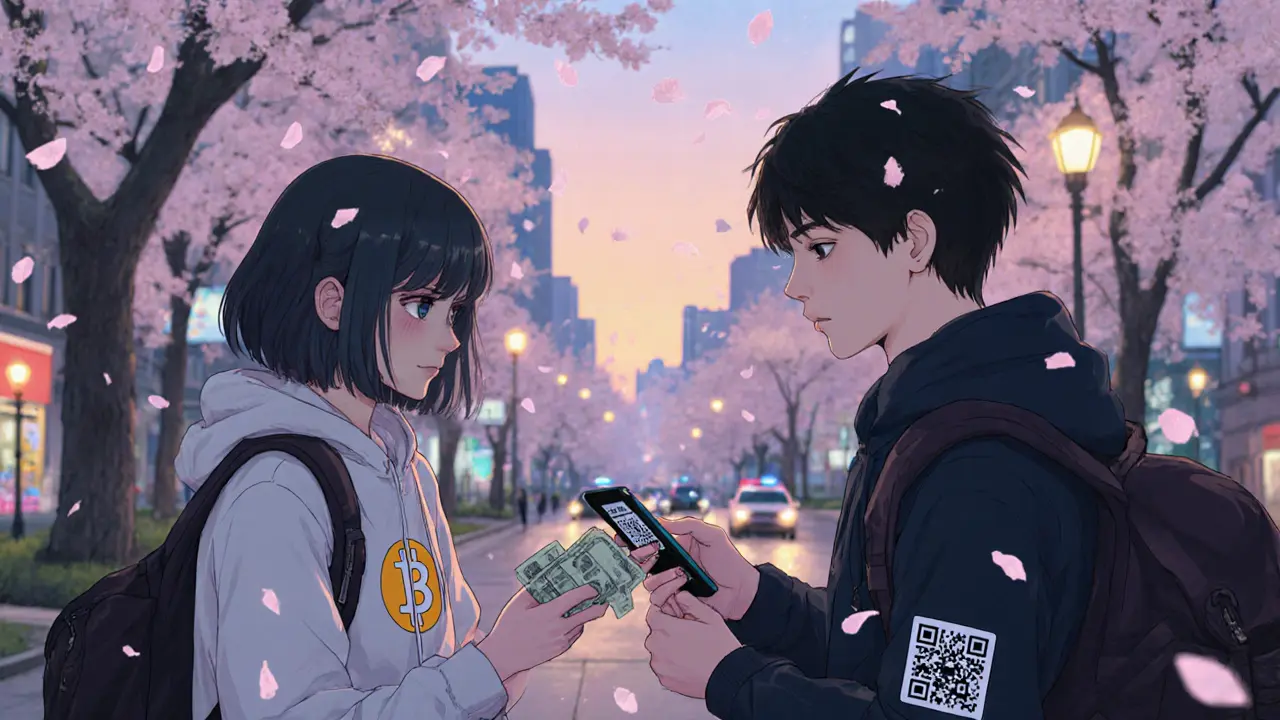 Two people exchanging cash for Bitcoin via QR code in a park at dusk, surrounded by falling petals.