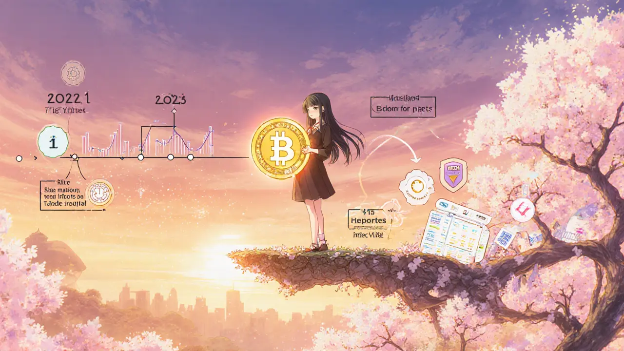User holding a glowing ONUS token on a blockchain platform, with a timeline of its evolution unfolding below.