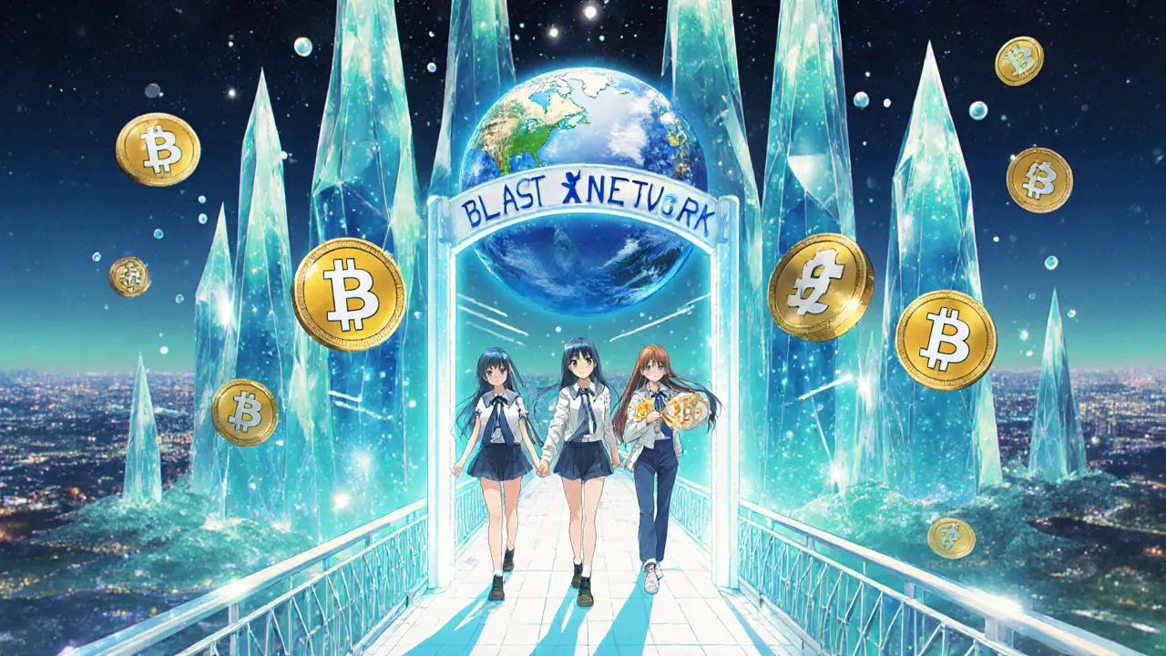 Users step through a glowing bridge transforming USDC into USDB as they enter the Blast Network.