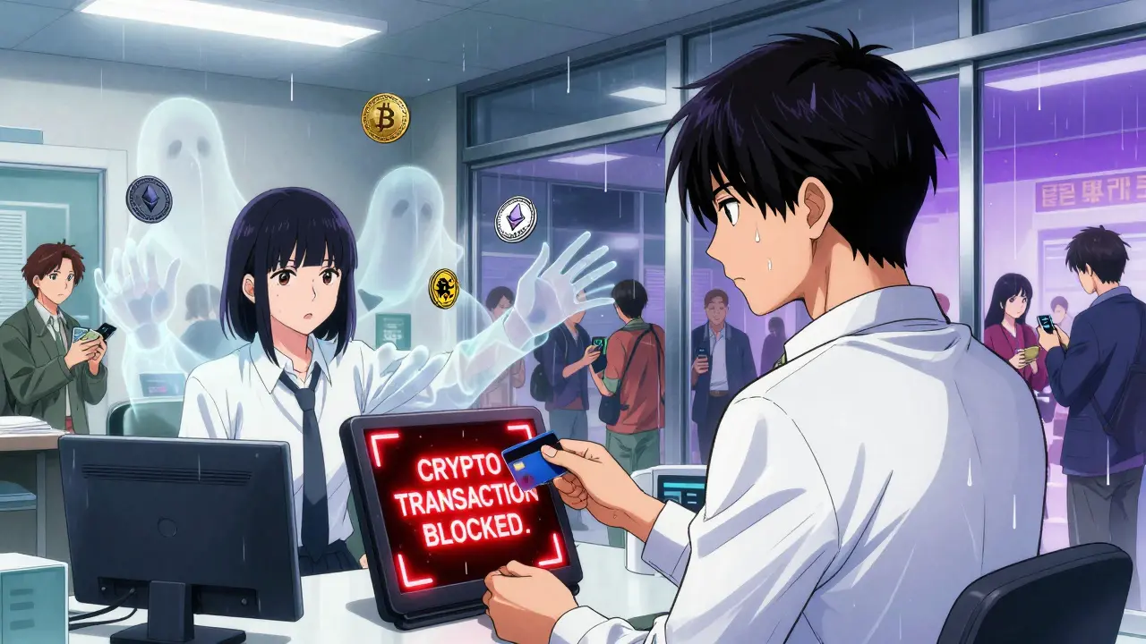 A bank customer’s transaction is blocked by a red crypto warning, while ghostly crypto coins float around them in a sterile bank.