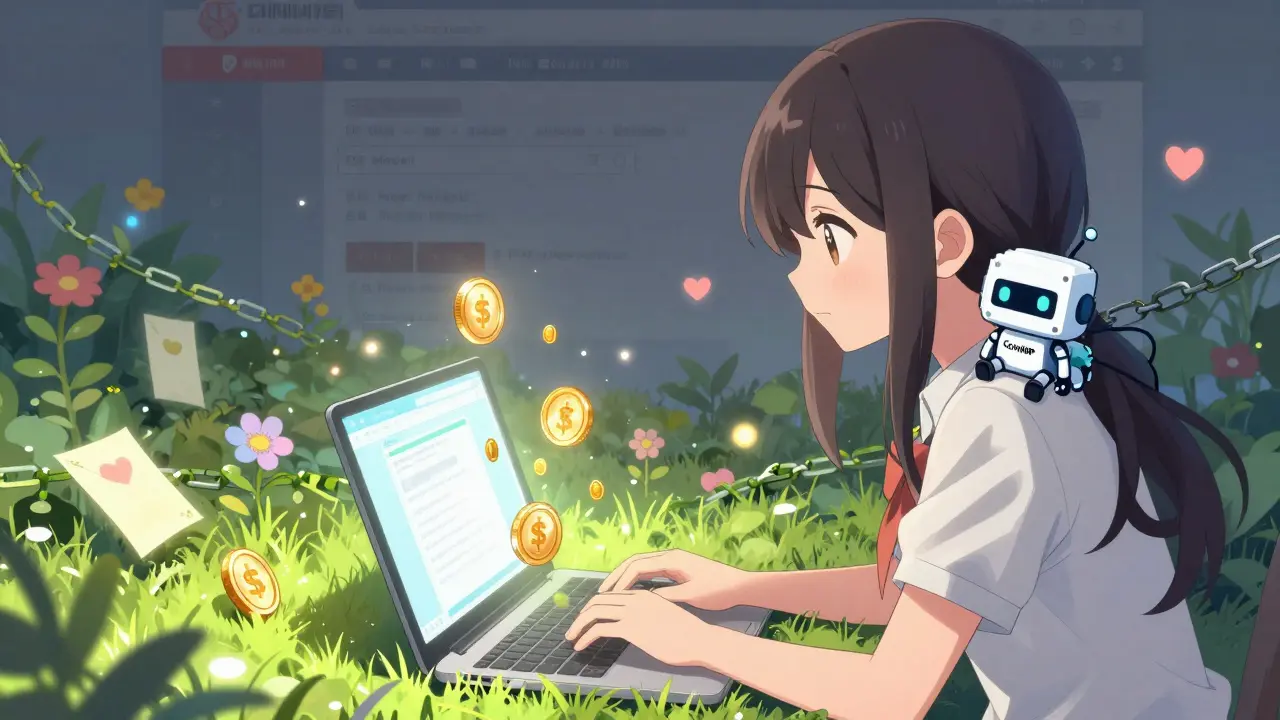 A blogger earning MINTME through web mining, with a cute robot companion and coins falling like rain.